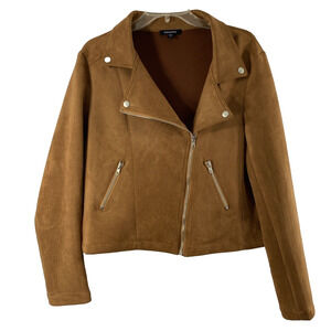 Mittoshop Moto Jacket Womens‎ Large Brown Faux Suede Full Zip Lapel Collar